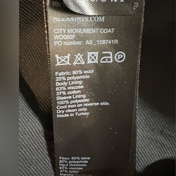 All Saints Monument Black Funnel neck Wool blend coat sz 00 - Picture 9 of 9